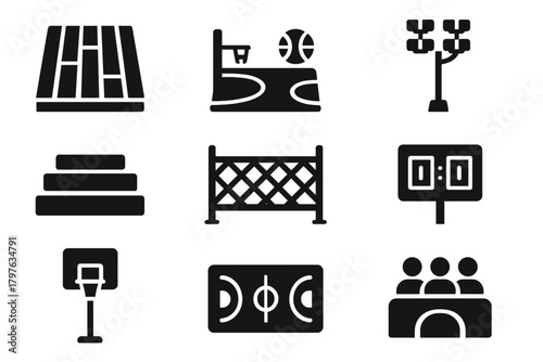 Basketball Court Icons. Solid style icons of Indoor and outdoor courts: wooden floor, street court, stadium, bleachers, fence,