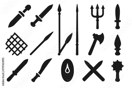 Roman Weapon Icons. Solid style icons of Roman weapons: gladius sword, dagger, spear, trident, net, javelin, pilum, battle axe,