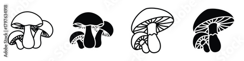 Mushroom icon in linear and clipart style pack on white background.