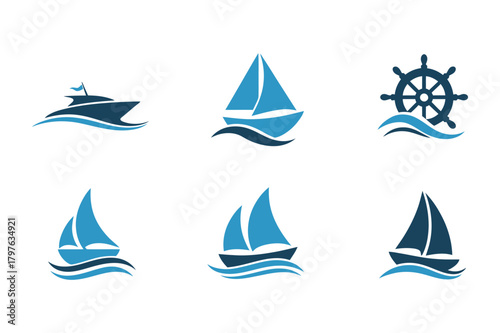 Nautical vessel, sailboat, and rudder icons with waves, marine navigation.
