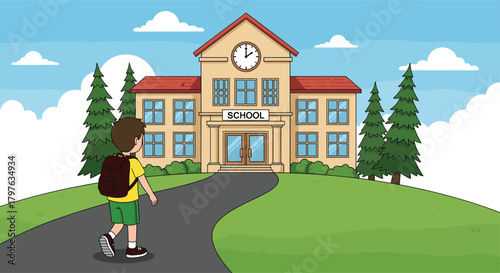 Cartoon school building with clock, child walking to school, educational illustration, morning scene, backpack student, learning environment, campus entrance view