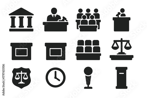 Courtroom Icons Set. Solid style icons of courtrooms: courthouse facade, judge bench, jury box, witness stand, defense desk,
