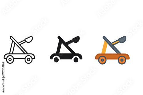 Three different types of toy cars are shown in a row. The first car is a toy car with a wheelbarrow attached to it