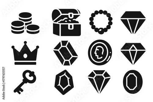 Treasure Icons Collection. Solid style icons of Treasure and loot: gold coins, treasure chest, jewels, gems, crown, pearl, ruby,