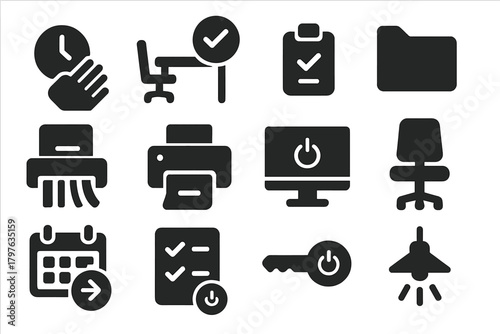 Workday Completion Icons. Solid style icons of workplace end: clock out, desk empty, project finished, folder closed, document