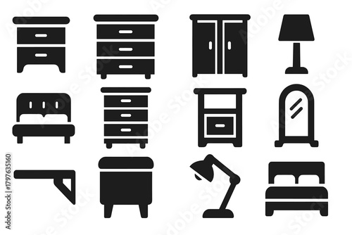 Bedroom Furniture Icons. Solid style icons of Bedroom furniture: nightstand, dresser, wardrobe, bedside lamp, headboard, chest of