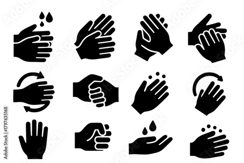 Hand Gesture Icons. Solid style icons of Hand gestures: washing hands, rubbing palms, fingers interlaced, thumb cleaning, hand
