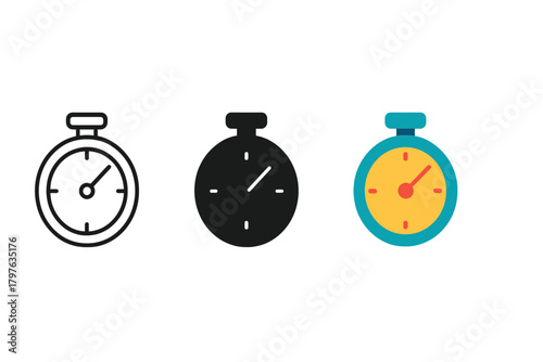 Three clocks with different colors and sizes. The clocks are set to different times. The clocks are black and white