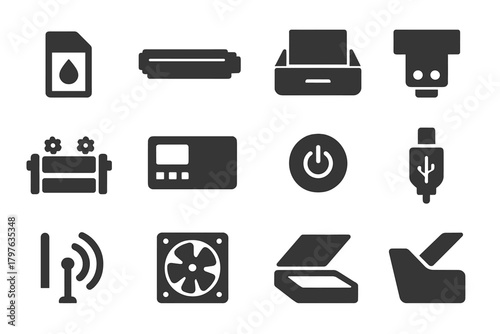 Printer Hardware Icons. Solid style icons of printer hardware: ink cartridge, toner cartridge, paper tray, print head, roller