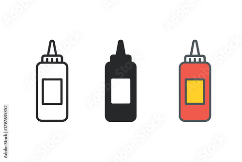 Three condiment bottles, one black, one red, and one white. The black bottle is the most prominent, with the red and white bottles in the background