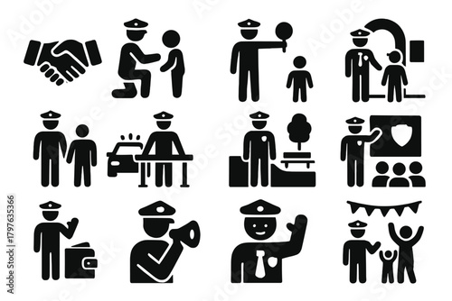 Community Policing Icons. Solid style icons of community policing: handshake police, officer helping child, guiding traffic,