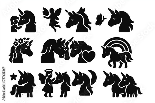 Unicorn Friendship Icons. Solid style icons of unicorn friendship: unicorn with child, unicorn with fairy, unicorn with bird,