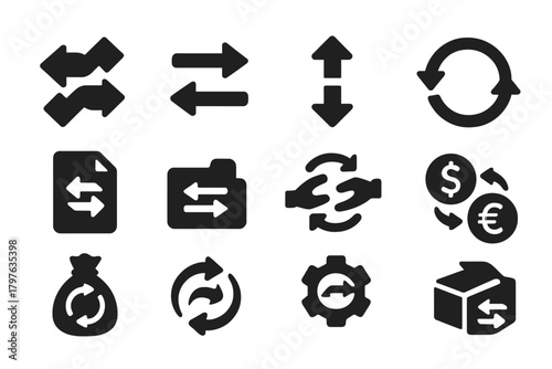 Swap Icons Collection. Solid style icons of Swap and exchange: two arrows crossing, left-right arrows, up-down arrows, arrows