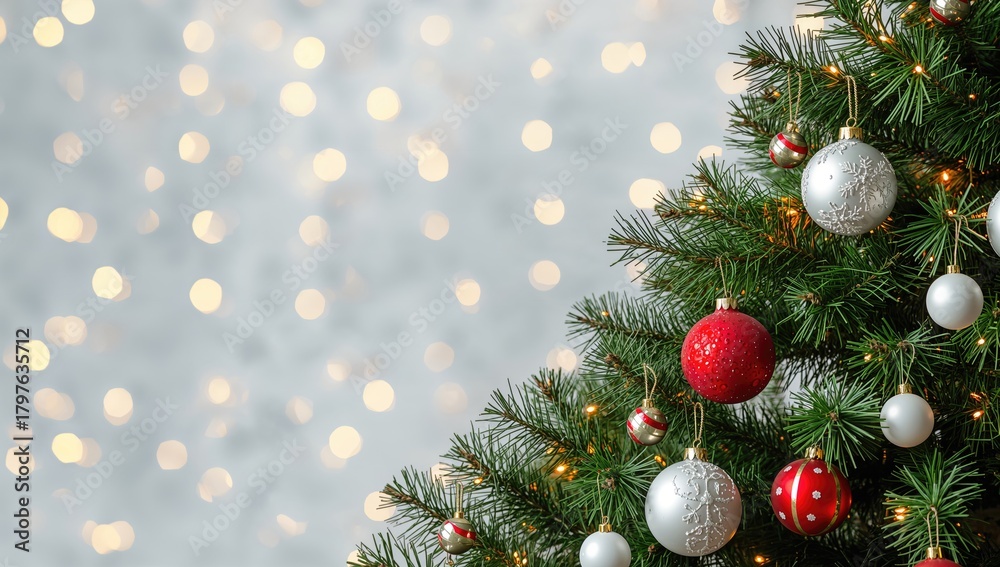 Fototapeta premium Christmas tree adorned with ornaments, seasonal decorations, festive ambiance