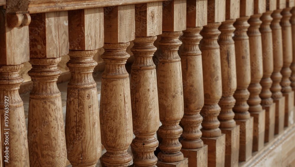 Fototapeta premium Close-up of detailed wooden balusters in an aged setting, showcasing natural wood texture and grain, preservation