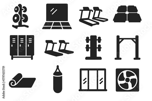 Solid Gym Icons. Solid style icons of Gym environment: weight rack, mirror, gym floor, locker room, treadmill area, dumbbell stand