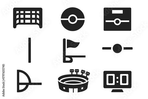 Soccer Field Icons. Solid style icons of Soccer field elements: goalpost, net, center circle, penalty box, sidelines, corner flag,