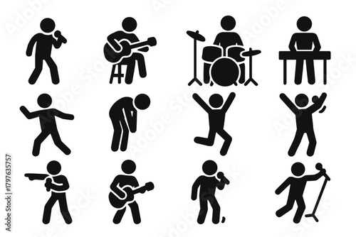Set of twelve silhouettes of people playing music. Scene is energetic and lively, with each person in the set representing a different musical instrument or role. The silhouettes are all black