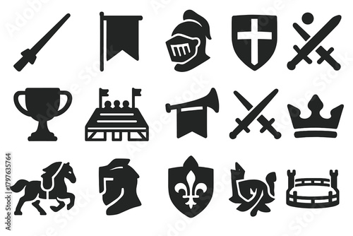 Medieval Tournament Icons. Solid style icons of tournaments: jousting lance, tournament banner, knight helmet, tournament shield,