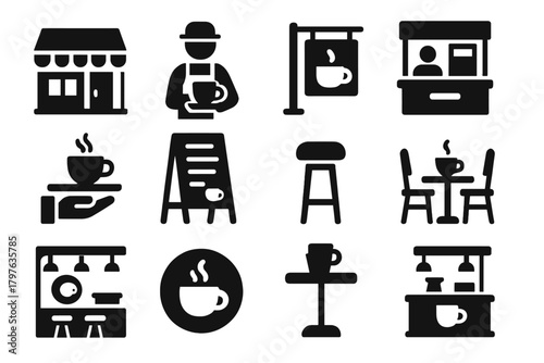 Coffee Shop Icons. Solid style icons of Coffee shop: café building, barista cup, coffee sign, takeaway counter, coffee tray, menu