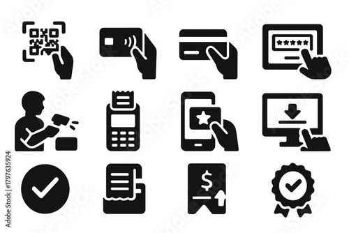 Redemption Icons Collection. Solid style icons of redemption steps: scan QR card, tap NFC card, swipe magnetic stripe, enter promo