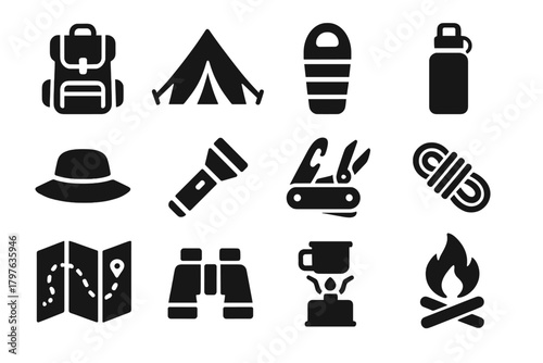Camping Icons Collection. Solid style icons of Camping and travel gear: backpack, tent, sleeping bag, water bottle, hat,