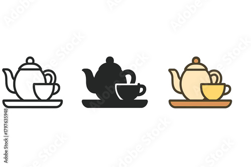 Three different teapots and cups are shown in a row. The teapots are black and white, and the cups are yellow. Concept of warmth and comfort, as the teapots