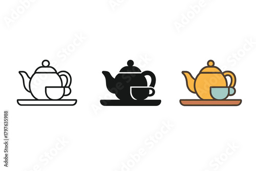 Three different teapots are shown in a row, each with a different color. The teapots are accompanied by cups and saucers, creating a cozy and inviting atmosphere. Concept of warmth and comfort