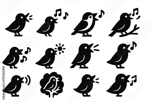 Singing Birds Icons. Solid style icons of tweeting birds: bird singing, bird with music notes, sparrow tweeting, bird on branch