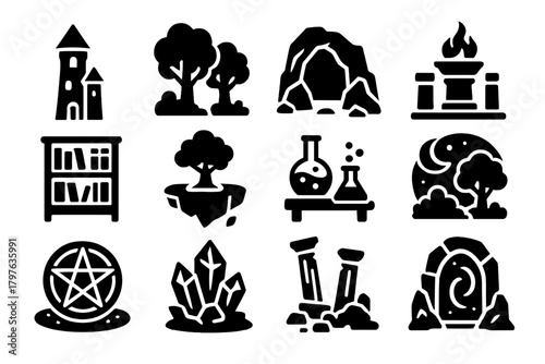 Magical Environment Icons. Solid style icons of Magical environment: wizard tower, enchanted forest, mystical cave, altar, library