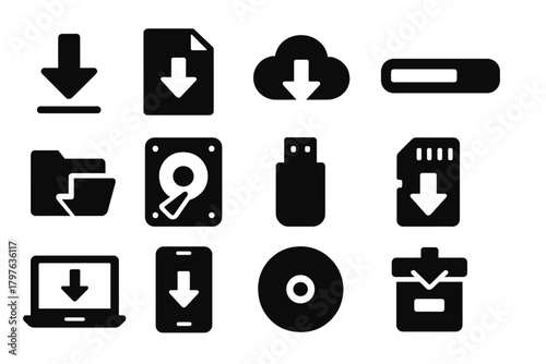 Download Icons Collection. Solid style icons of Downloads: arrow down, file download, cloud download, progress bar, folder with