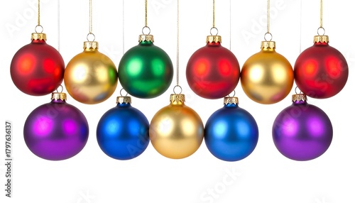 Fourteen colorful Christmas ornaments in two rows on white background
