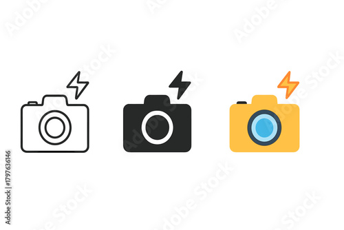 Three different camera icons are shown, each with a different color scheme. The black and white camera has a lightning bolt symbol, while the yellow camera has a lightning bolt and a camera lens