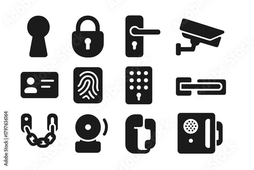 Security Icon Set. Solid style icons of Security and access: keyhole, padlock, door lock, security camera, access card,