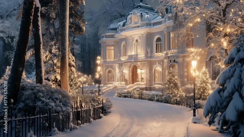 A beautiful winter scene featuring a grand neoclassical mansion surrounded by snow-covered trees and twinkling lights, creating a magical atmosphere