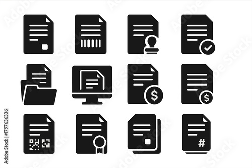 Solid Invoice Icons. Solid style icons of Invoices: invoice paper, invoice with barcode, invoice with stamp, invoice with