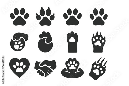 Pet Paw Icons. Solid style icons of pets with paws: dog paw, cat paw, puppy paw, kitten paw, paw holding toy, paw on ball, paw