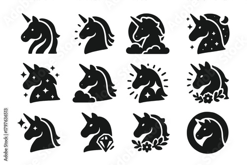 Magical Unicorn Icons. Solid style icons of fantasy unicorns: rainbow unicorn, glowing unicorn, cosmic unicorn, starry unicorn,
