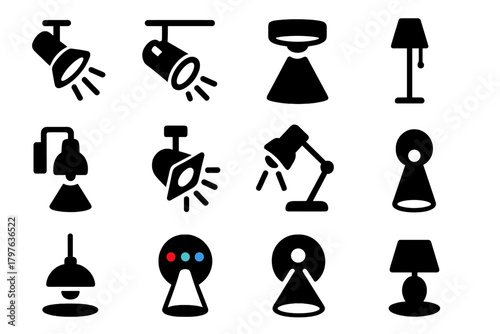 Set of black and white icons for various types of lighting fixtures. The icons include a spotlight, a lamp, and a light fixture with a round base. Scene is minimalist and modern