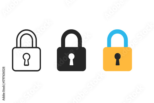 Three different colored locks with a keyhole in the middle. The locks are black, yellow, and blue