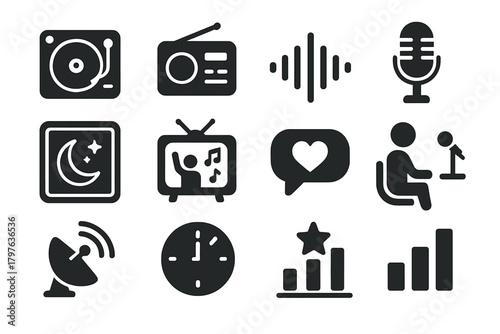 Entertainment Broadcasting Icons. Solid style icons of entertainment broadcasting: DJ turntable, club radio, party music wave,