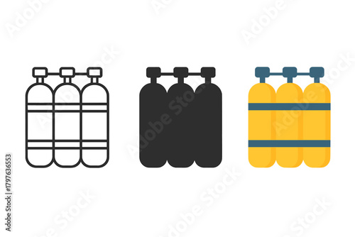 Three bottles of gas are shown in different colors. The black bottles are the most prominent, with the yellow and white bottles in the background. Concept of caution and safety