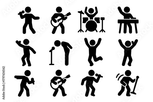 Collection of black and white icons of people playing music. The icons include a man playing the guitar, a man playing the drums, and a man singing. The icons are arranged in a grid