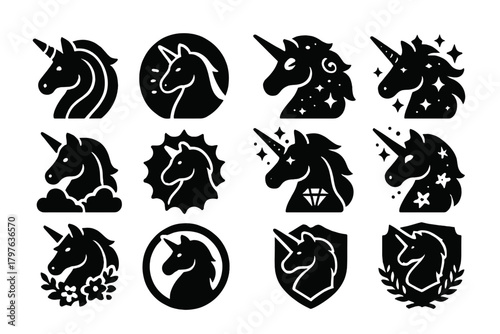 Magical Unicorn Icons. Solid style icons of fantasy unicorns: rainbow unicorn, glowing unicorn, cosmic unicorn, starry unicorn,