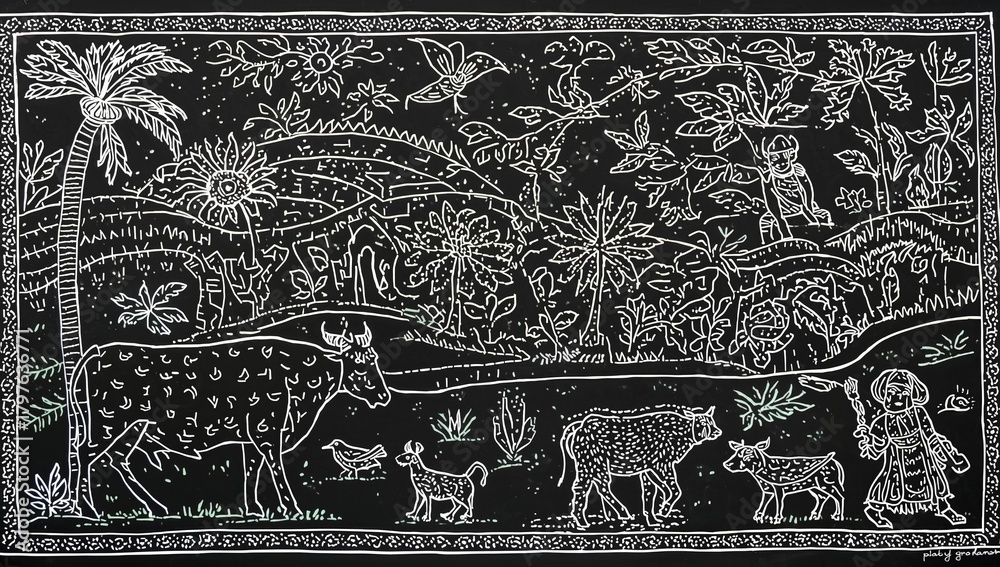 Fototapeta Indian agricultural procedure depicted in Warli art, showcasing daily farm activities with animals and a farmer, rural lifestyle focus