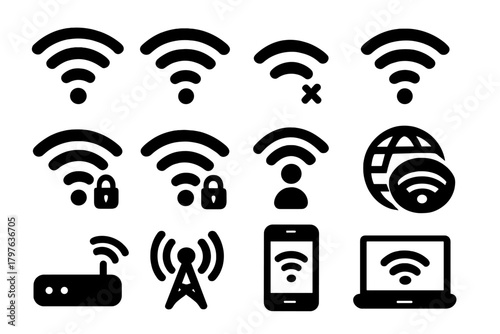 WiFi Signal Icons. Solid style icons of WiFi signals: full bars WiFi, medium bars WiFi, low bars WiFi, no signal WiFi, locked WiFi