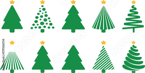 Set of Ten Minimalist and Stylized Green Christmas Trees with Yellow Star Toppers in Various Modern Designs