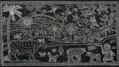 Indian agricultural procedure depicted in Warli art, showcasing daily farm activities with animals and a farmer, rural lifestyle focus