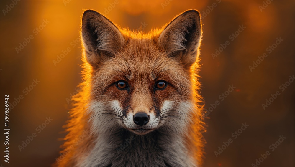 Fototapeta premium Close-up portrait of a red fox, gazing ahead, highlighted by the setting sun, showcasing its lush red fur and brown eyes, seasonal change