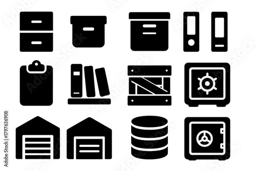 Storage Icons Collection. Solid style icons of Storage and archive: filing cabinet, drawer, archive box, binder, clipboard,